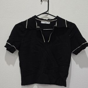 Mango Black Short Sleeve Collared Top